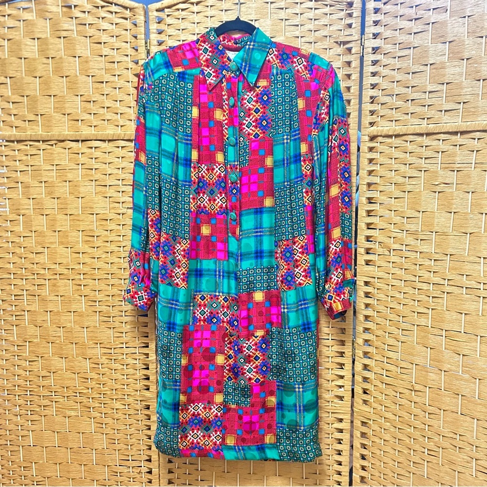 Vintage Ann Crimmon silk colorful dress with pleat shoulder blade midi length 6
